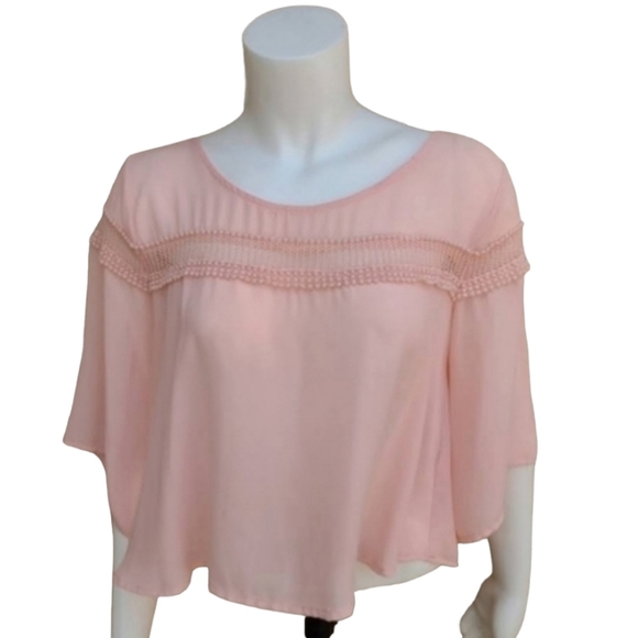 LUSH NORDSTROM Pink Chiffon Crop Top M Blouse Tapered Bell Sleeve Embroidered - Picture 4 of 14